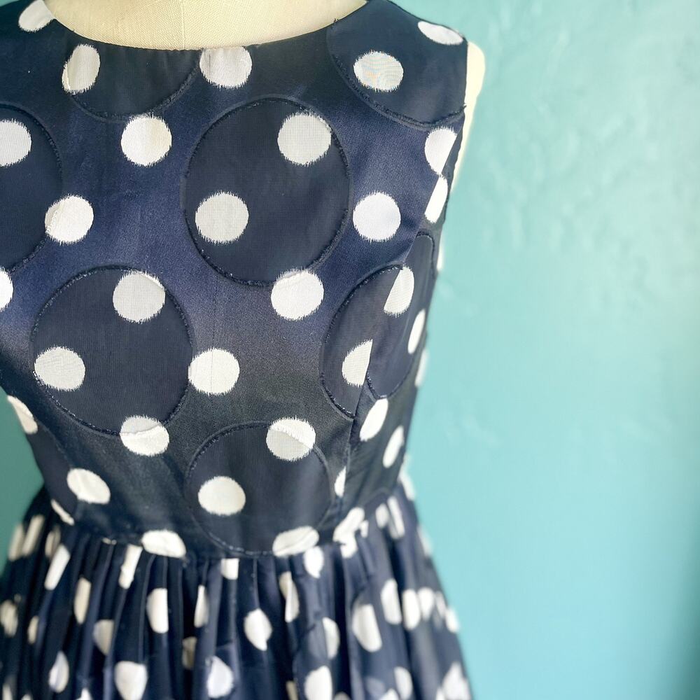 Adrianna Papell Navy Pleated Burn Out White Polka Dot Fit & Flare Dress Size 12